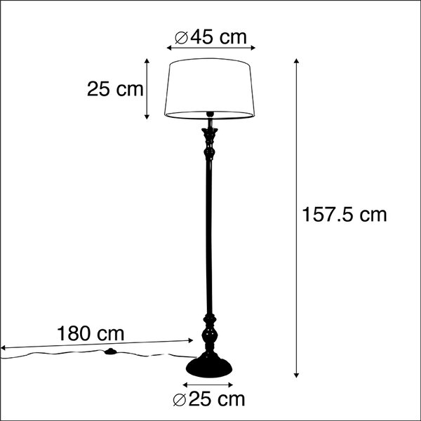 Podna lampa crna s platnenim sjenilom sivim 45 cm - Classico