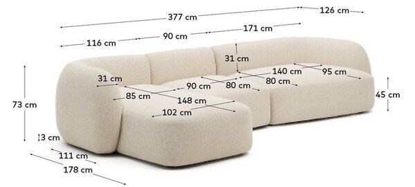 Krem kutna garnitura od šenila (s lijevim kutom/s ležaljkom) Martina – Kave Home