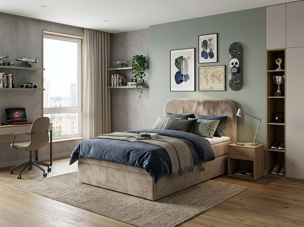 Tapecirani boxspring krevet FORENA 90x200 cm bež boje Madrac: Bonell opružni madrac