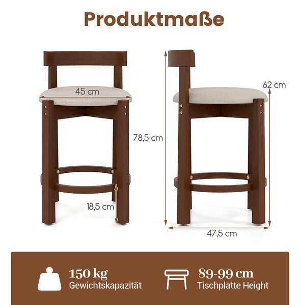 Set od 2 barske stolice s visinom pulta 62 cm. Barske stolice presvučene lanom s naslonima i osloncima za noge