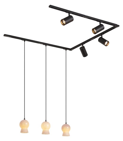 Moderni sustav tračnica crni s 4 reflektora i 3 bijele viseće svjetiljke 1-fazni - Iconic Bell Jeana Luxe