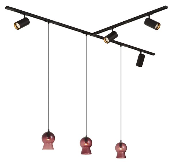 Moderni crni sustav tračnica s 4 reflektora i 3 ljubičaste viseće svjetiljke 1-fazni - Iconic Bell Jeana Luxe