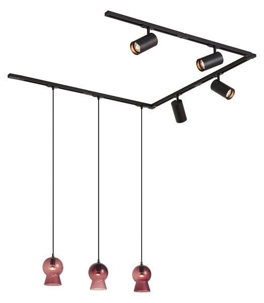 Moderni crni sustav tračnica s 4 reflektora i 3 ljubičaste viseće svjetiljke 1-fazni - Iconic Bell Jeana Luxe