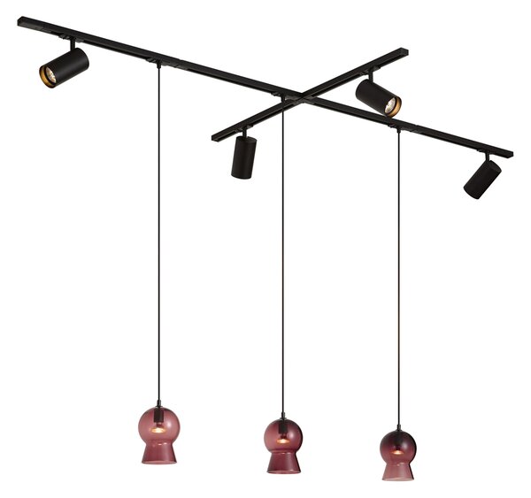 Moderni crni sustav tračnica s 4 reflektora i 3 ljubičaste viseće svjetiljke 1-fazni - Iconic Bell Jeana Luxe