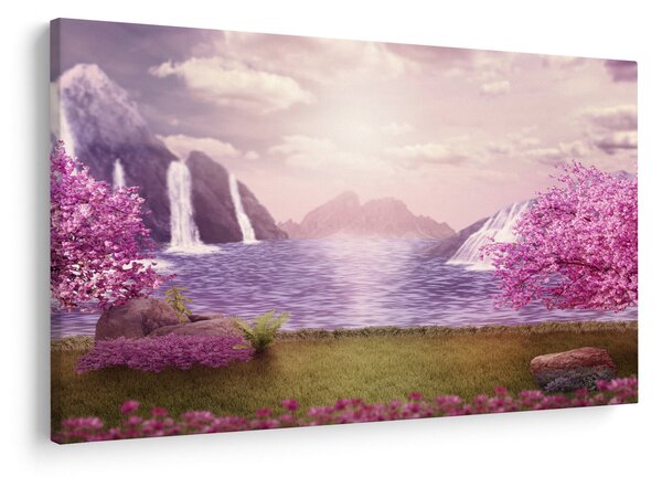 Slika ružičastih stabala s jezerom (90x60 cm)