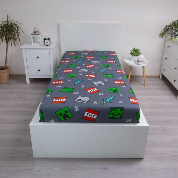 Siva pamučna dječja plahta s gumom za krevet za jednu osobu 90x200 cm Minecraft "We got this" – Jerry Fabrics