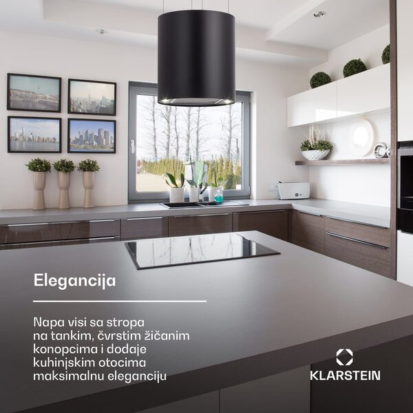 Klarstein Barett, otočna napa, Ø 38 cm, recirkulacija 522 m³/h, LED, filter s aktivnim ugljenom, crna
