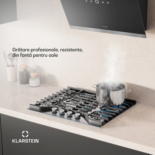 Klarstein Turbocast plinska ploča za kuhanje, 304 nehrđajući čelik, 4 plamenika, profesionalni nosač od lijevanog željeza, wok plamenik