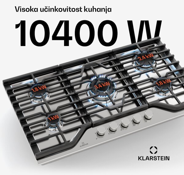 Klarstein Turbocast plinska ploča za kuhanje, 304 nehrđajući čelik, 5 plamenika, profesionalni nosač od lijevanog željeza, wok plamenik