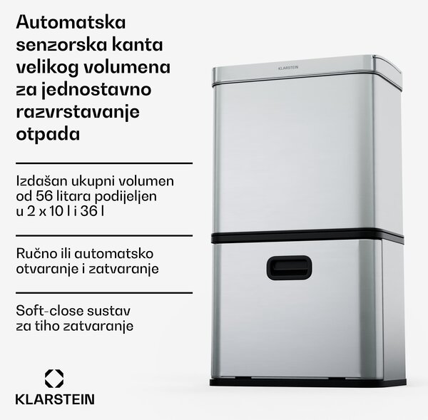Klarstein Bez dodira, kanta za otpatke na senzor, 56 l, nehrđajući čelik, 3 kante, Soft-Close zatvaranje, baterijsko napajanje, LED zaslon, timer