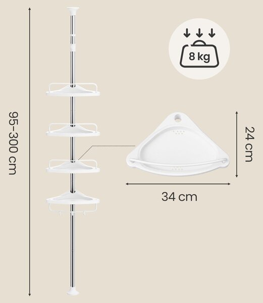SONGMICS teleskopska polica za kupaonicu s 4 razine, podesiva visina (95-300 cm), nehrđajući čelik, bijela