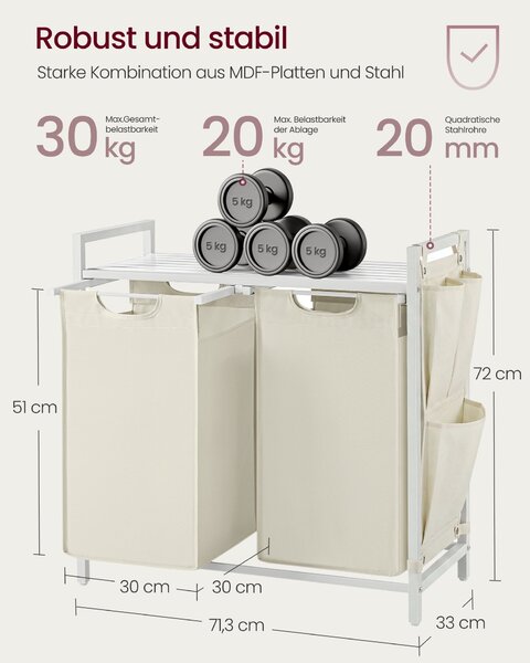 VASAGLE košara za rublje s 2 odjeljka i policom, 2 x 46 L, krem bijela