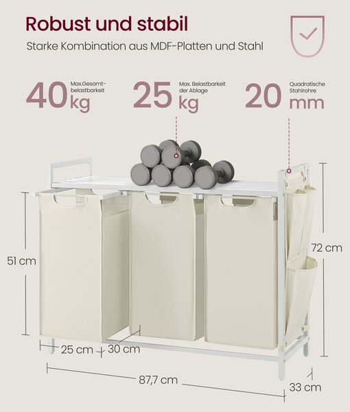 VASAGLE košara za rublje s 3 odjeljka i policom, 3 x 40 L, krem bijela