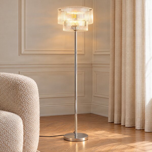 Lucande Podna lampa Meritt, krom/prozirno, visina 160 cm, staklo, Providna, Dnevni boravak/blagovaonica, Staklo