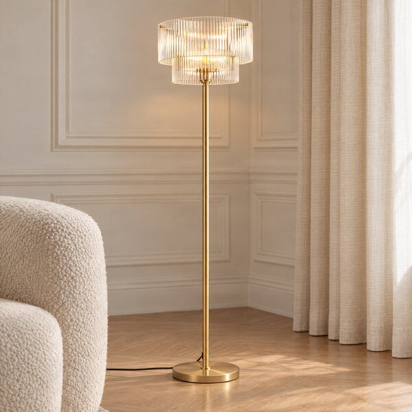 Lucande Podna lampa Meritt, mesing/prozirno, visina 160 cm, staklo, Providna, Dnevni boravak/blagovaonica, Staklo