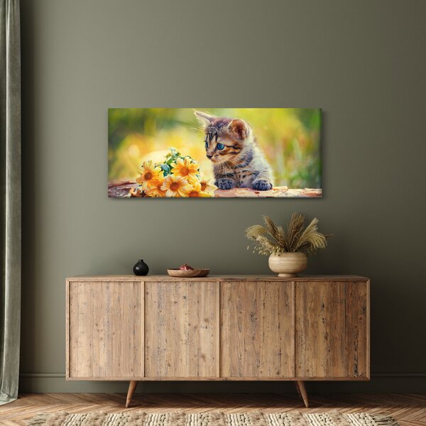 Slika mačića koji gleda cvijet (120x50 cm)