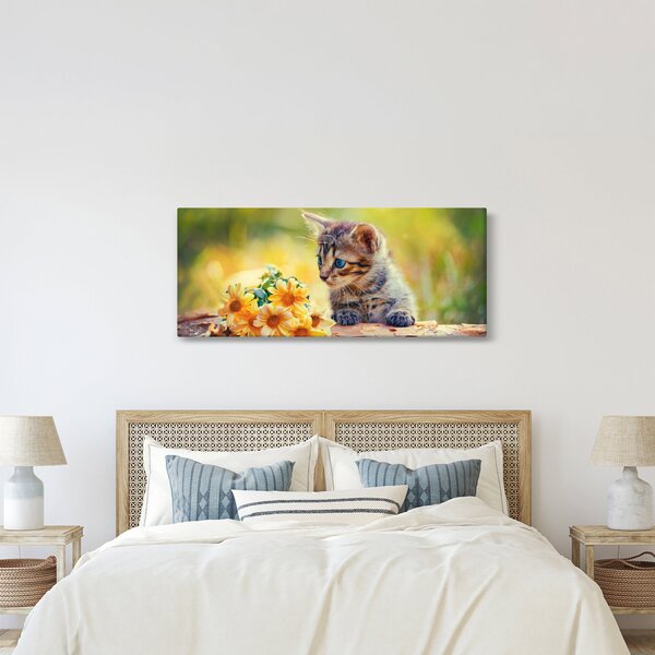 Slika mačića koji gleda cvijet (120x50 cm)