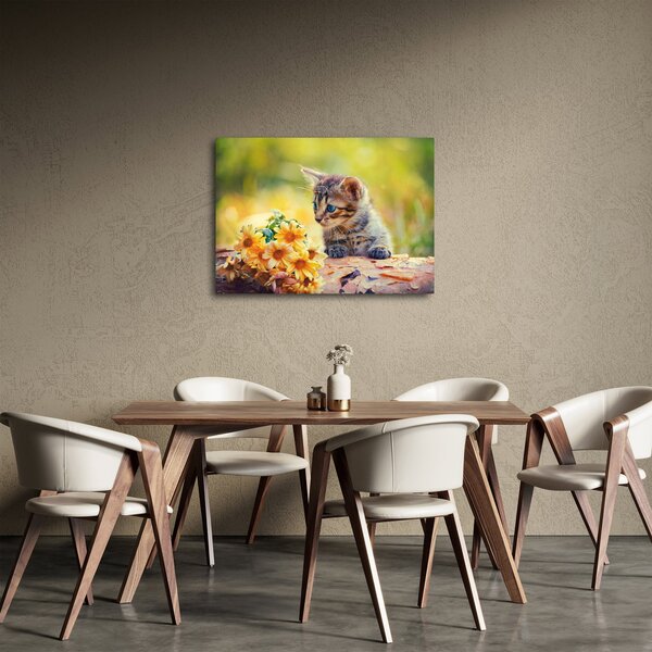 Slika mačića koji gleda cvijet (70x50 cm)