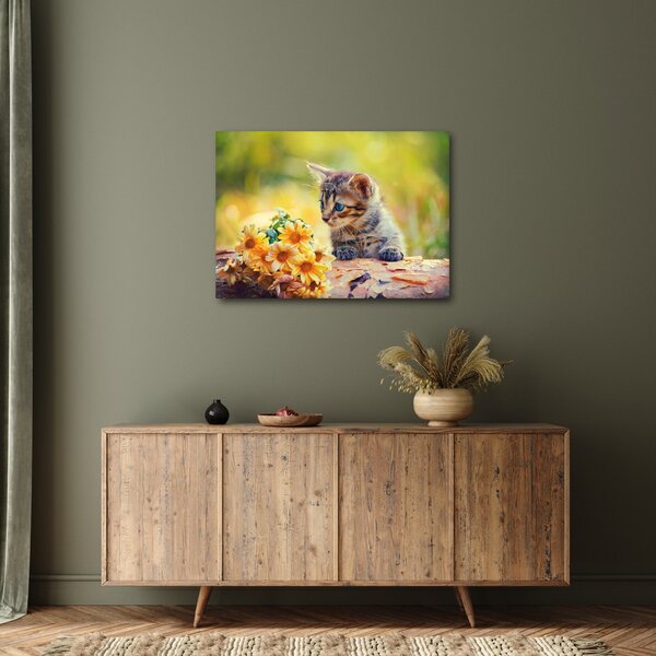 Slika mačića koji gleda cvijet (70x50 cm)