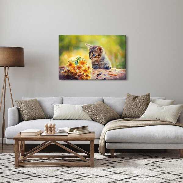Slika mačića koji gleda cvijet (90x60 cm)