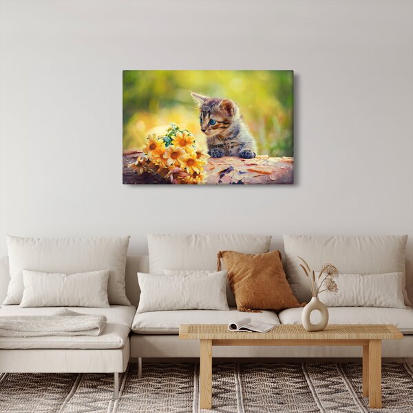 Slika mačića koji gleda cvijet (90x60 cm)