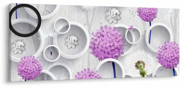 3D slika apstrakcije s krugovima i cvijećem (120x50 cm)