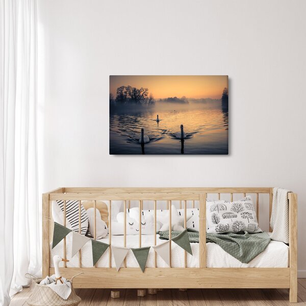 Slika labudova na vodi u magli (90x60 cm)