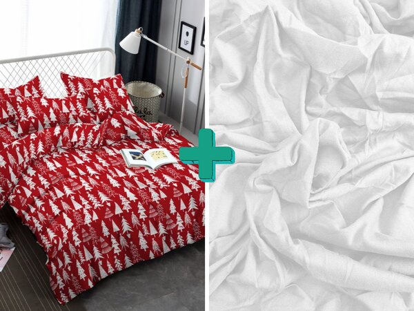 Set posteljine od mikrovlakana CHRISTMAS TREES crvena + plahta JERSEY 90x200 cm bijela