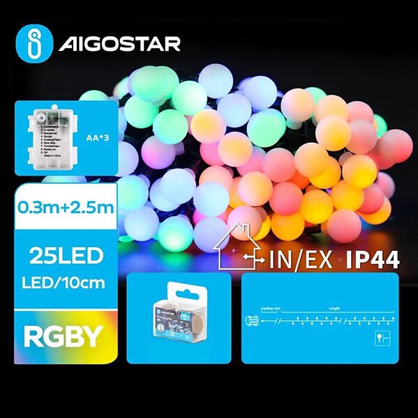 Aigostar - LED RGBY Vanjske božićne lampice 25xLED/3xAA/8 funkcija 2,8 m IP44