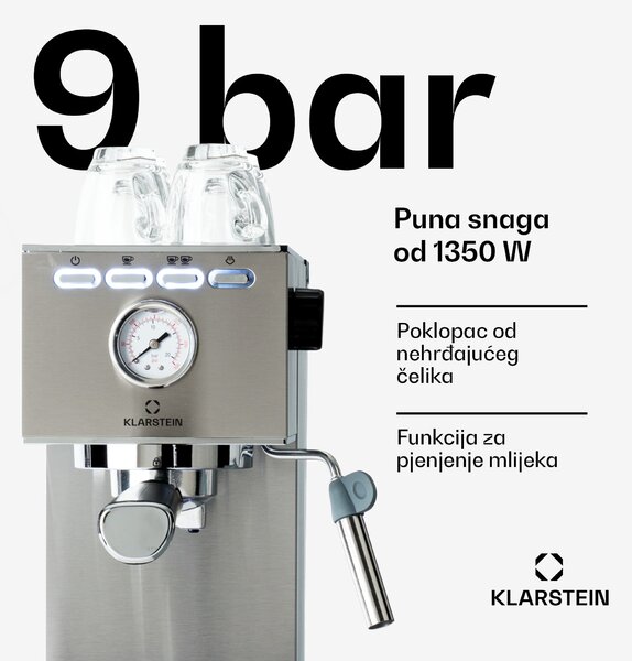 Klarstein Pauza, aparat za espresso, 1350 W, tlak 20 bara, spremnik za vodu: 1,4 litre, nehrđajući čelik