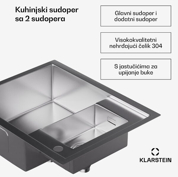 Klarstein TitanSteel kuhinjski sudoper, 61 x 50 cm, 2 sudopera, nehrđajući čelik, otporan na toplinu