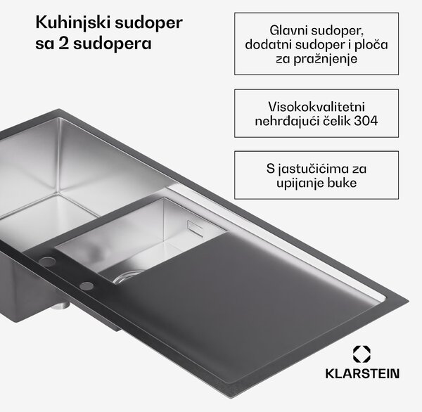 Klarstein TitanSteel kuhinjski sudoper s ocjedom, 100 x 45 cm, nehrđajući čelik, otporan na ogrebotine, otporan na toplinu