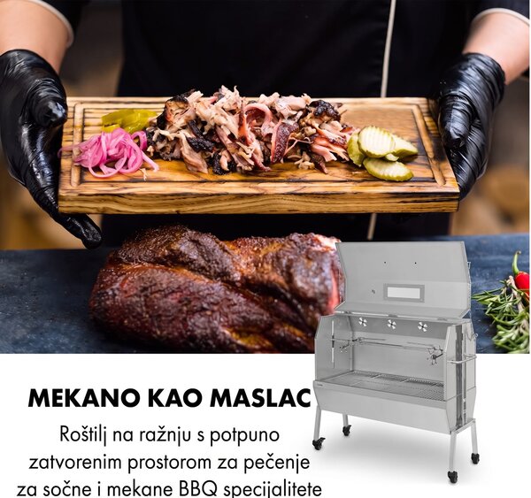 Klarstein Sauenland Pro XL, roštilj za prasce, rotirajući ražanj, 13 W, 4 kotača, nehrđajući čelik