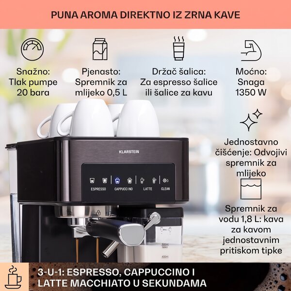 Klarstein Arabica Comfort, aparat za kavu s portafilterom, 1350W, 20 bara, 1,8 l, upravljačka površina osjetljiva na dodir