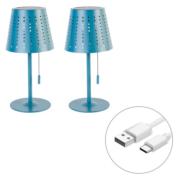 Set od 2 stolne lampe plave uključujući LED 3-stupanjska prigušivača, punjive i solarne - Ferre