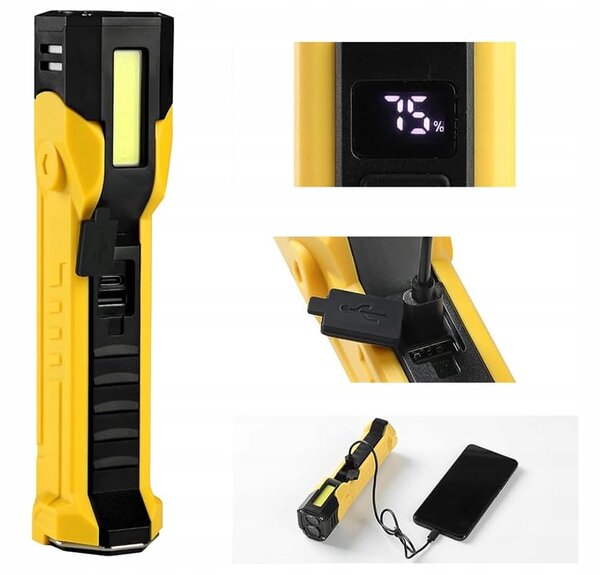 3 u 1 cob led baterija. magnetska radionička lampa powerbank usb lcd kuka žuta