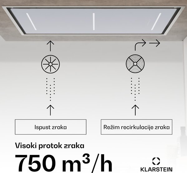 Klarstein LuxeAir napa, 110 cm, WLAN + Bluetooth, LED, 750 m³/h, ekstrakcija/recirkulacija, EEC: A