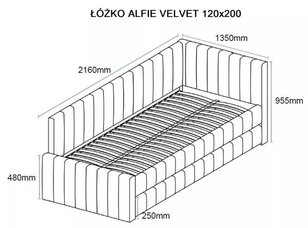 Tapecirani krevet ALFIE VELVET s dodatnim ležajem 120x200 cm siva