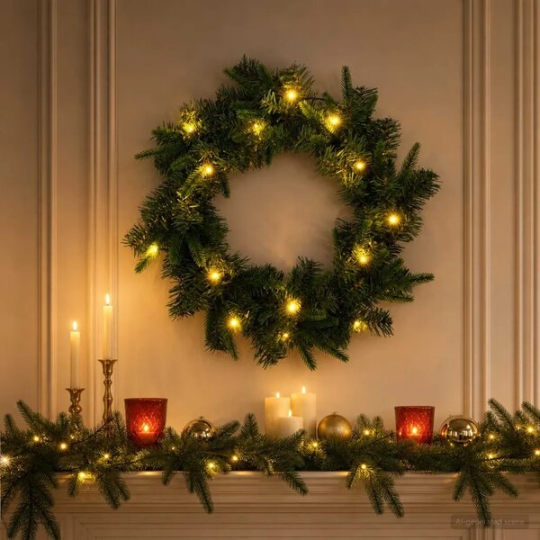 Božićni vijenac Zelena Ø 50 cm PVC i PE 25 LED lampica - Zelena 50 cm s LED svjetlima