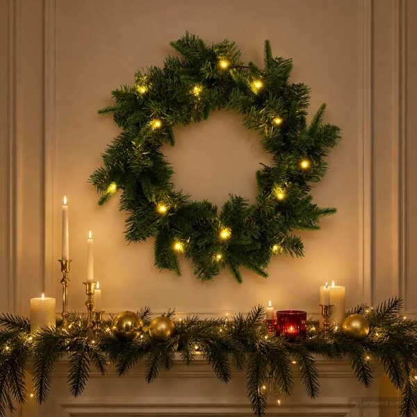 Božićni vijenac Zelena Ø 30 cm PVC i PE 25 LED lampica - Zelena 30 cm s LED svjetlima
