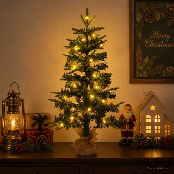 Mini božićno drvce 45 cm 25 LED lampica Topla bijela PVC i PE - Zelena 45 cm s LED svjetlima