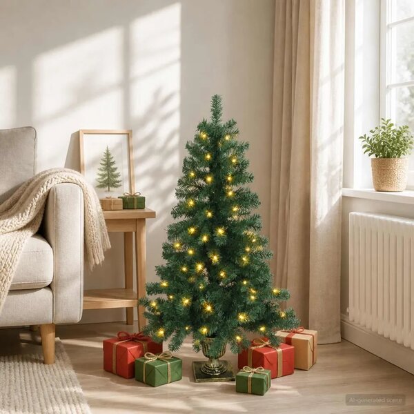 Mini božićno drvce 120 cm 100 LED lampica Topla bijela PVC - Zelena 120 cm s LED svjetlima