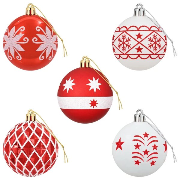 Set božićnih kuglica 30 kom. Crvena i bijela Ø 6 cm Plastika - Crvena i bijela (bogato ukrašen motiv)