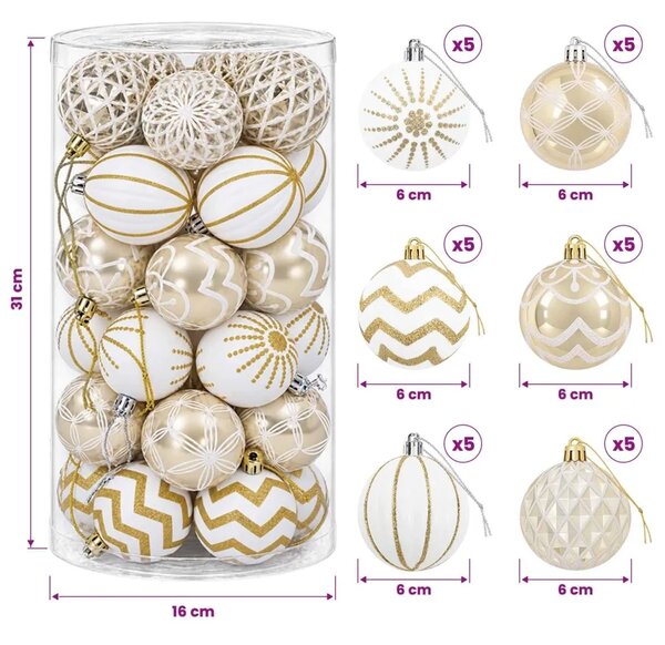 Set božićnih kuglica 30 kom. Zlatna i bijela Ø 6 cm Plastika - Zlatna i bijela (rešetkasti/zrakasti/ševron motiv)