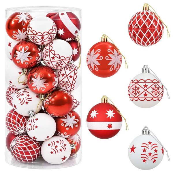 Set božićnih kuglica 30 kom. Crvena i bijela Ø 6 cm Plastika - Crvena i bijela (bogato ukrašen motiv)