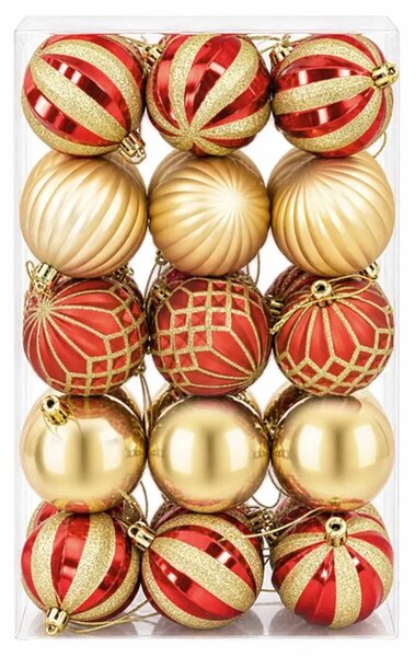 Set božićnih kuglica 30 kom. Zlatna i crvena Ø 6 cm Plastika - Zlatna i crvena (rešetkasti i prugasti motiv)