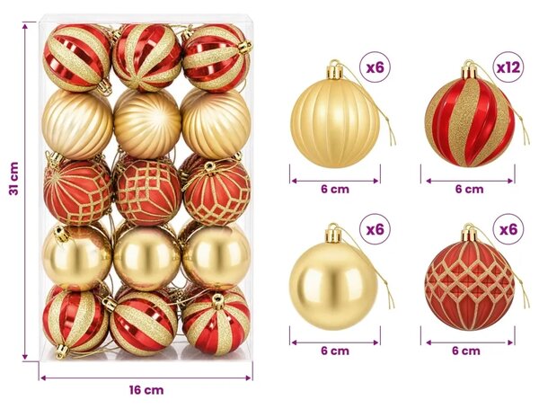 Set božićnih kuglica 30 kom. Zlatna i crvena Ø 6 cm Plastika - Zlatna i crvena (rešetkasti i prugasti motiv)