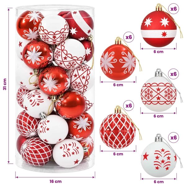 Set božićnih kuglica 30 kom. Crvena i bijela Ø 6 cm Plastika - Crvena i bijela (bogato ukrašen motiv)