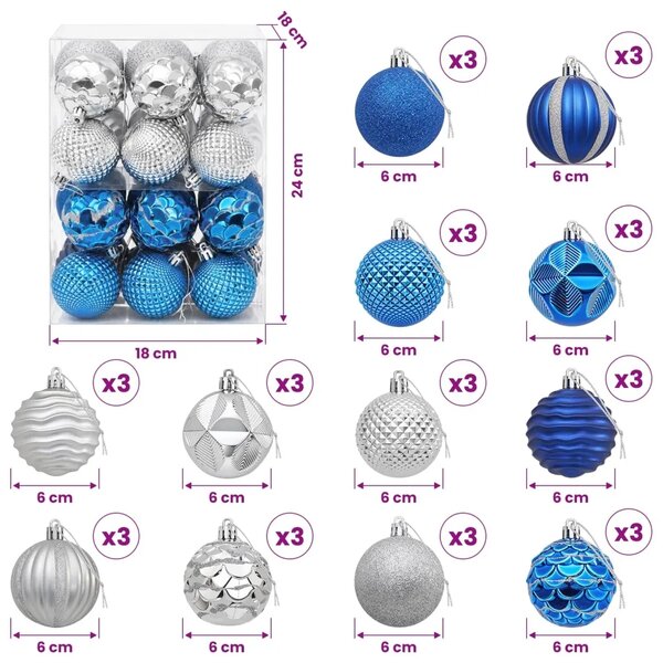 Set božićnih kuglica 36 kom. Plava i srebrna 6 cm Polistiren - Plava i srebrna