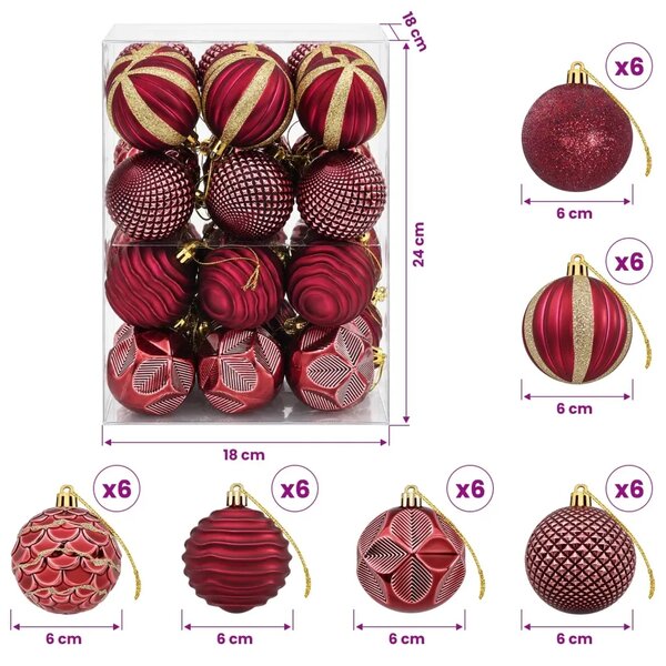 Set božićnih kuglica 36 kom. Vinska crvena 6 cm Polistiren - boja crnog vina